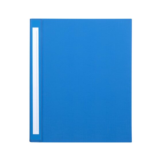 Closed blue Marbig Deluxe 25mm binder from the front, with a white label strip running down beside the spine