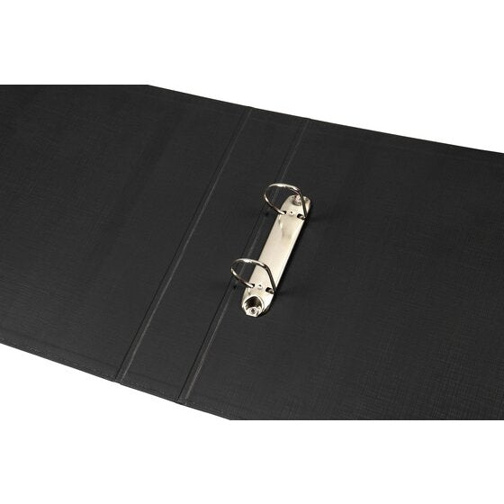 Marbig 5902002 black binder lying open, showing a two ring mechanism on a metal rail inside the cover