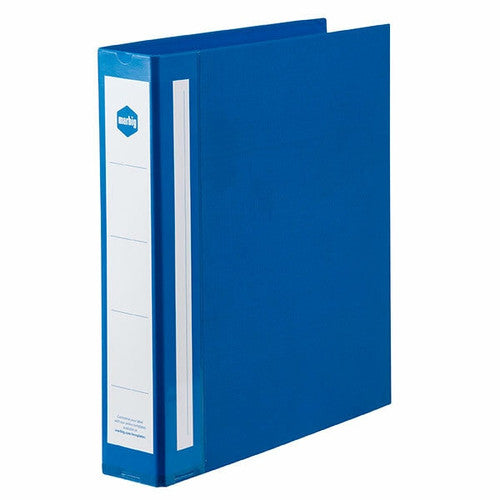 Blue Marbig Deluxe A4 ring binder standing at an angle with a white spine label and blue marbig hexagon logo