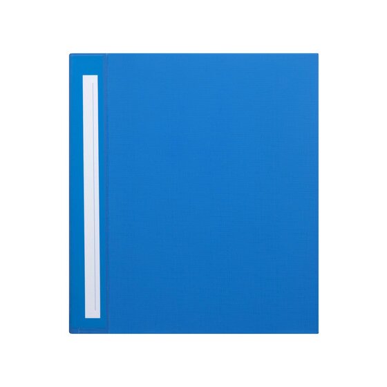 Front of a blue Marbig Deluxe 38mm binder laid flat, with a slim white label strip running beside the spine