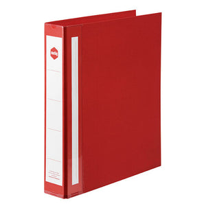Red Marbig Deluxe A4 ring binder at an angle, white spine label with the marbig logo near the top