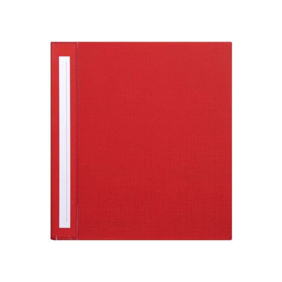 Flat front view of a red Marbig Deluxe binder with its textured cover and white label strip beside the spine