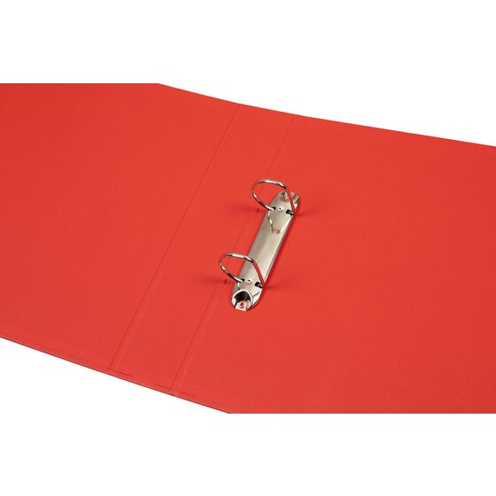 Red Marbig 5902003 binder lying open with a two ring metal mechanism fixed inside the cover