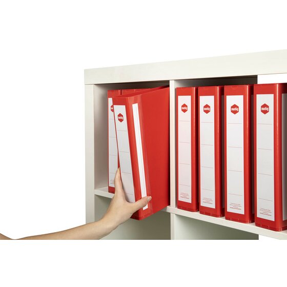 Hand taking a red Marbig Deluxe binder off a shelf of matching red binders with white spine labels