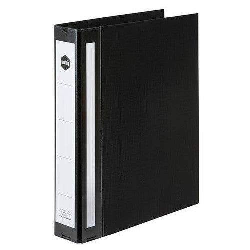 Black Marbig Deluxe A4 binder standing at an angle, showing the white spine label with the marbig logo at the top