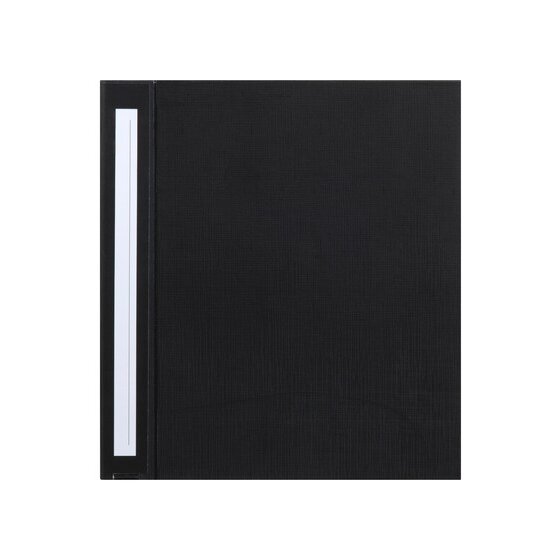 Black Marbig Deluxe 38mm three ring binder from the front, closed, with a white label strip along the spine edge