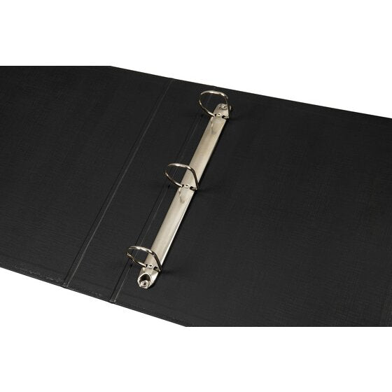 Open black Marbig 5903002 binder with three metal rings spaced along a long rail inside the cover