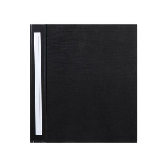 Closed black Marbig Deluxe 38mm four ring binder seen from the front, white label strip running beside the spine