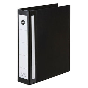 Black Marbig Deluxe A4 ring binder standing at an angle, white spine label with the marbig hexagon logo and ruled writing sections