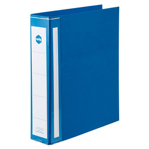 Blue Marbig Deluxe A4 ring binder at a three quarter angle with a white spine label showing the marbig logo and ruled label panels