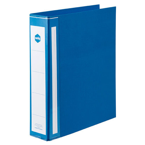 Blue Marbig Deluxe A4 ring binder at a three quarter angle with a white spine label showing the marbig logo and ruled label panels