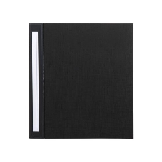 Front view of a closed black Marbig Deluxe 50mm binder, textured cover with a white label strip next to the spine