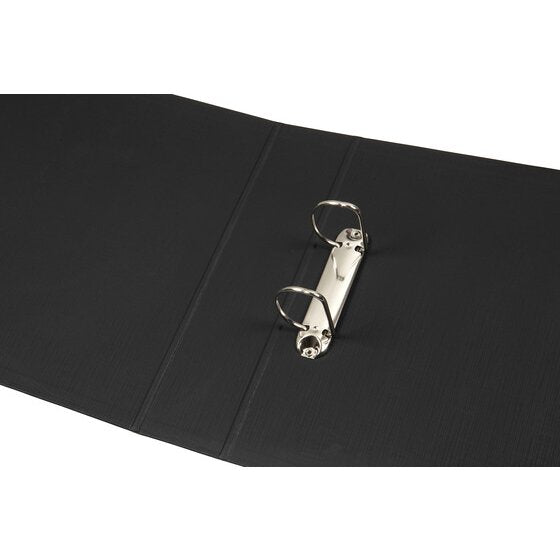 Open black Marbig 5912002 binder showing two large metal rings on a rail inside the cover