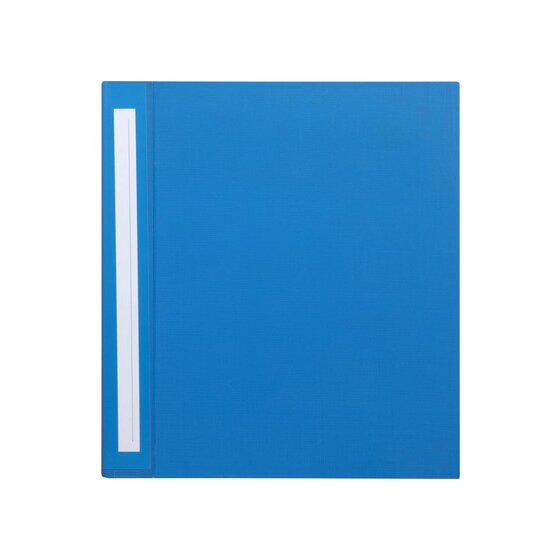 Closed blue Marbig Deluxe 50mm binder seen front on, textured cover with a white label strip beside the spine