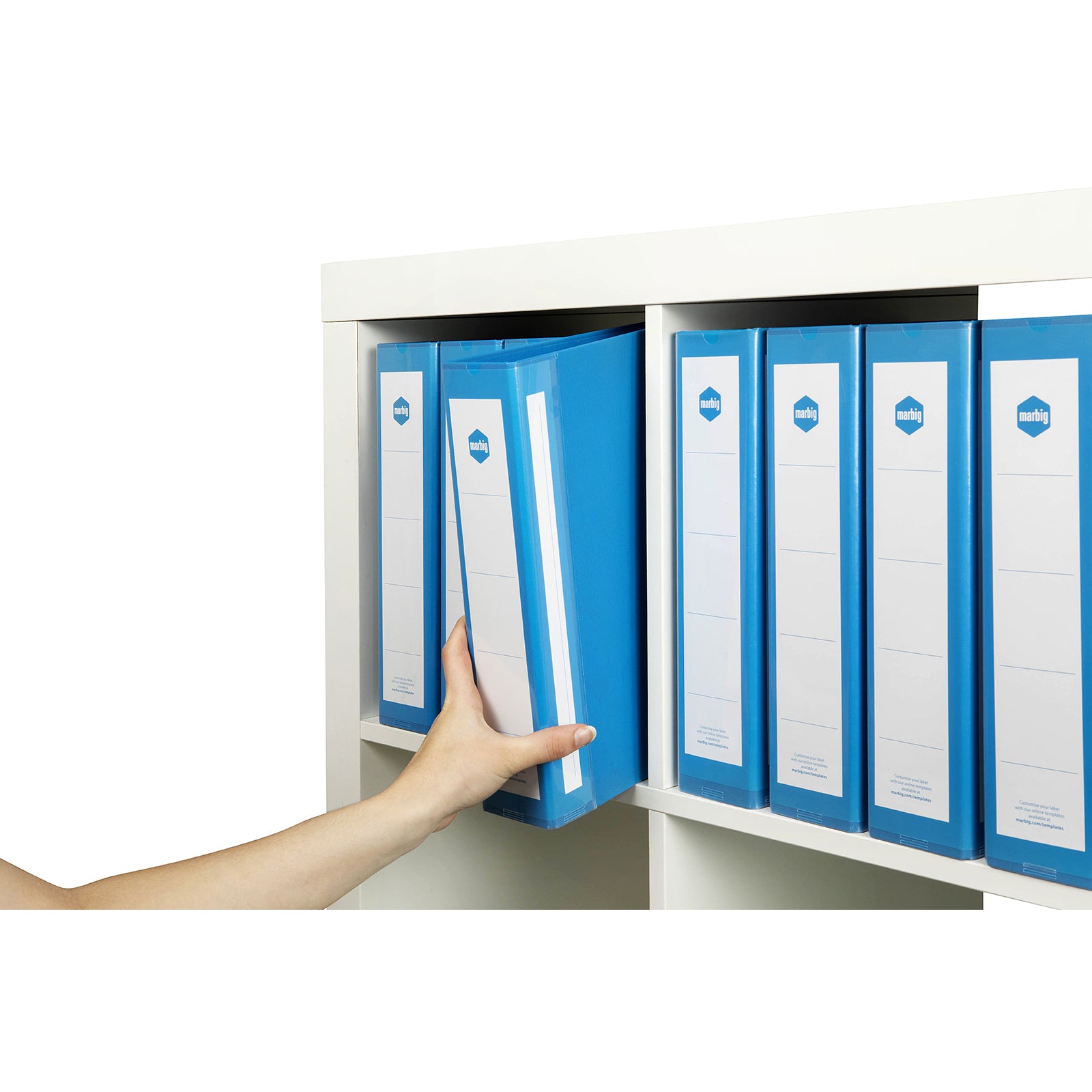 Blue Marbig Deluxe Ring Binder being placed onto an office shelf among matching binders, illustrating efficient archive storage, organised filing systems and quick document retrieval.