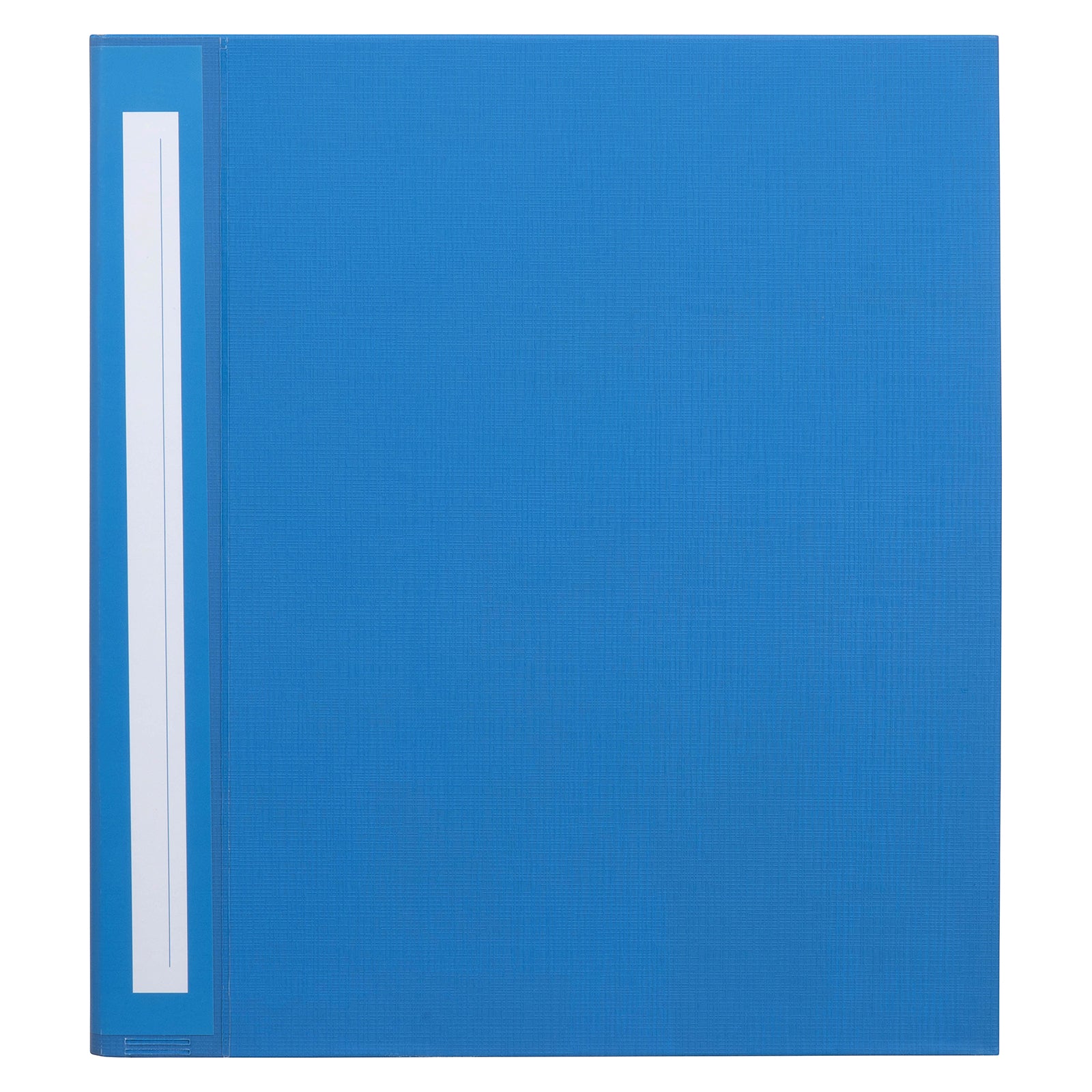 Front view of the Marbig Deluxe Ring Binder A4 50mm 3D Ring PE Blue featuring its durable textured polyethylene cover and replaceable spine label for professional organisation.
