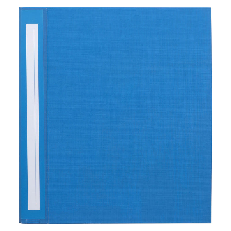 Front view of the Marbig Deluxe Ring Binder A4 50mm 3D Ring PE Blue featuring its durable textured polyethylene cover and replaceable spine label for professional organisation.