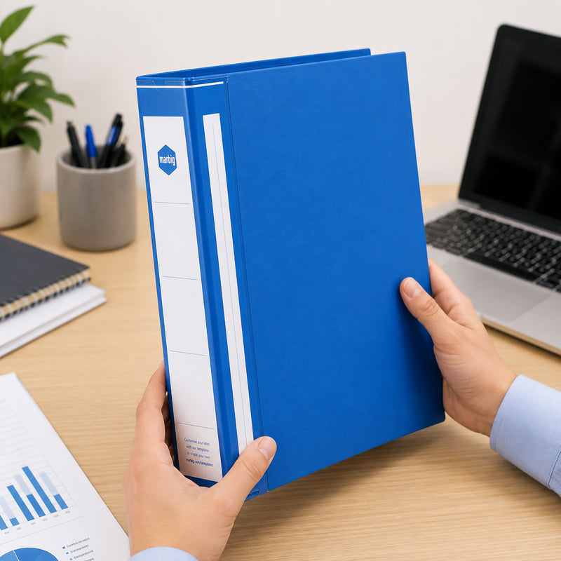 Hands holding the Marbig Deluxe Ring Binder A4 50mm 3D Ring PE Blue in a modern office workspace, highlighting its durable polyethylene construction, generous storage capacity and easy to identify spine label.