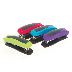 Four Marbig half strip plastic staplers in lime, pink, blue and purple, each with a dark grey grip pad and a black base