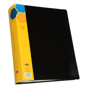 Marbig 1743002 black A4 display book at an angle with a yellow spine card printed A4 Clearfile 100 Page Black and a label showing Ref.No. 1743002
