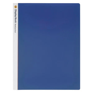 Marbig 2003801 blue A4 fixed pocket display book, closed, showing the white spine strip printed Display Book fixed pocket