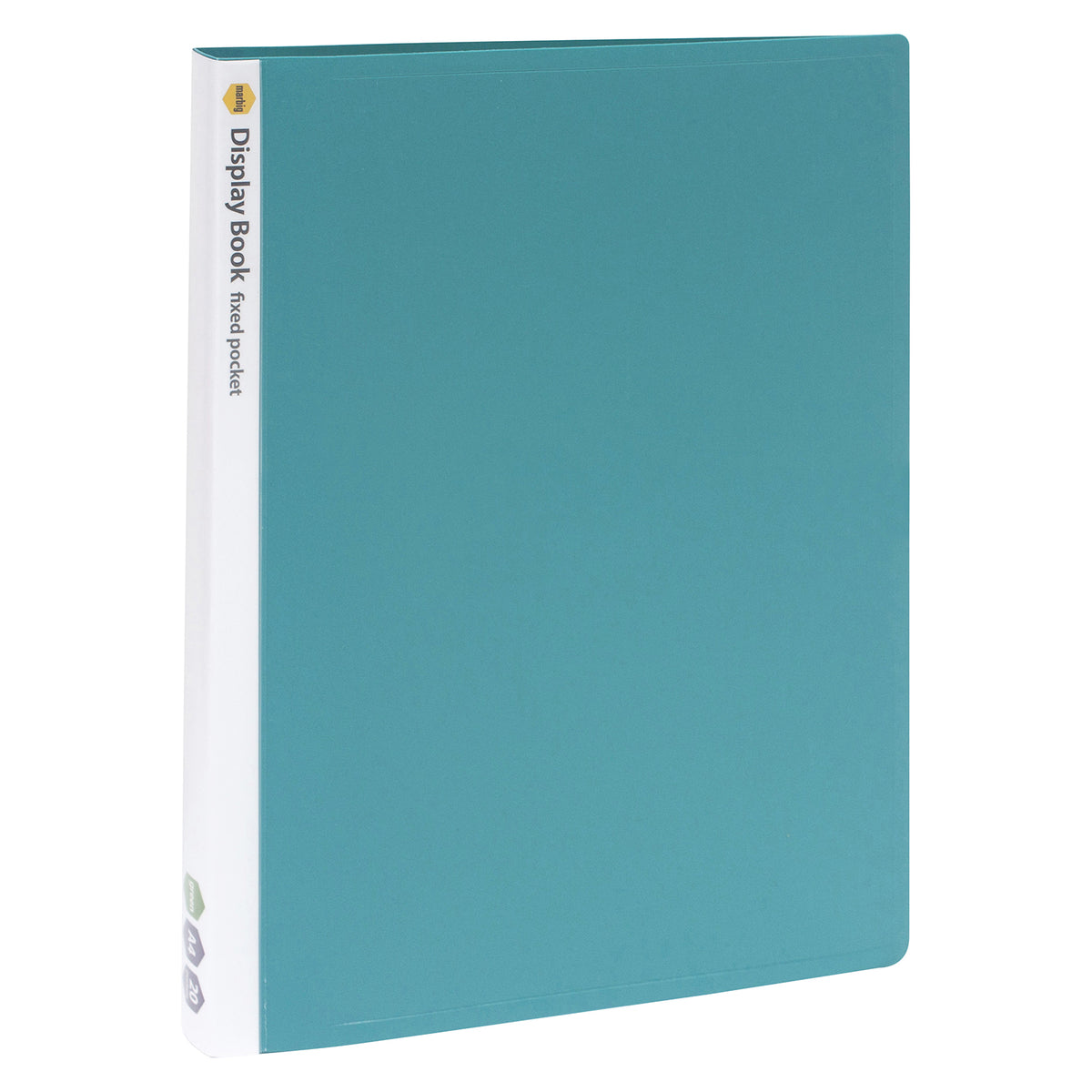 Marbig 2003804 teal green A4 display book at an angle, white spine printed Display Book fixed pocket with icons for green, A4 and 20
