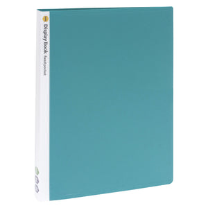 Marbig 2003804 teal green A4 display book at an angle, white spine printed Display Book fixed pocket with icons for green, A4 and 20