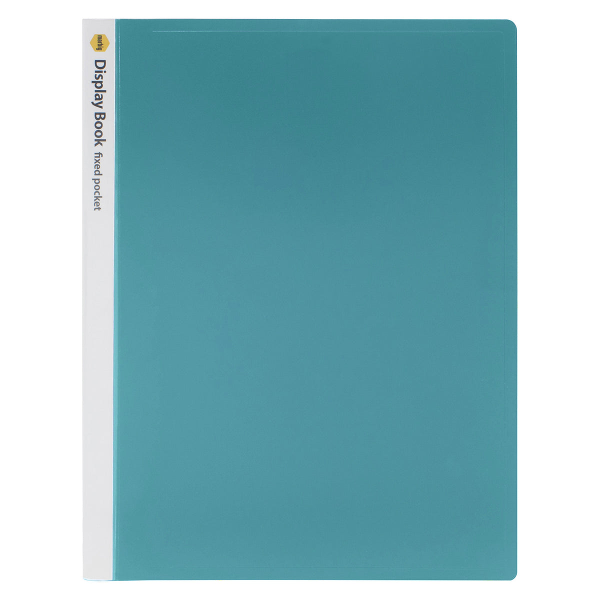 Front cover of a teal green Marbig A4 fixed pocket display book with a plain cover and a white spine along the left edge