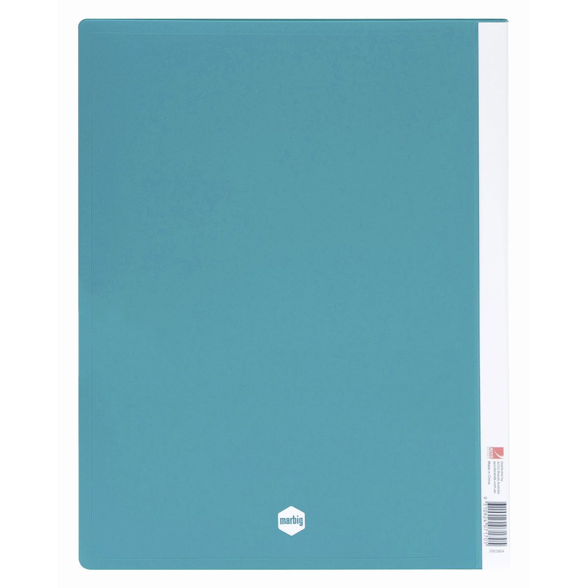 Back cover of the green Marbig 2003804 display book with the Marbig logo and a spine edge label showing Made in China and a barcode