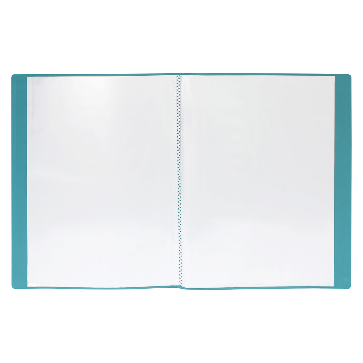 Green Marbig 20 pocket display book lying open flat with empty clear pockets on the left and right hand pages