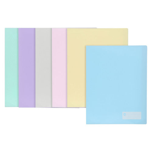 Six Marbig 2005599A pastel display books laid in a row in mint green, purple, grey, pink, yellow and blue, the blue front showing its label panel