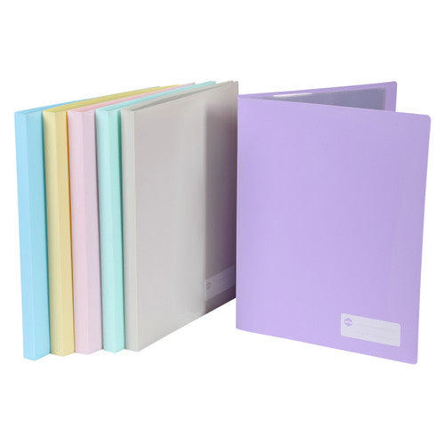 Marbig pastel 20 pocket display books stood on end in blue, yellow, pink, green and grey beside an upright purple book