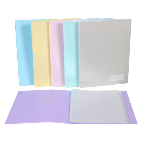 Five pastel Marbig display books standing in a row above an open purple book showing its clear fixed pockets