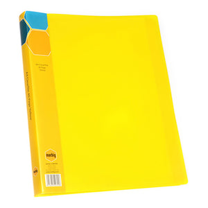 Marbig 1742705 translucent yellow A4 display book at an angle, yellow spine card printed A4 Clearfile 40 Page Yellow with a Marbig logo and barcode label