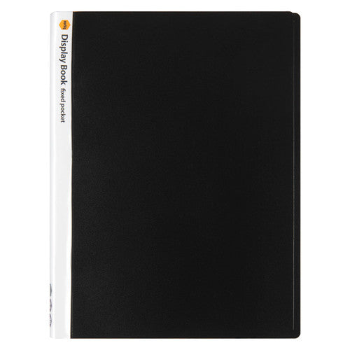 Marbig 2003902 black 40 pocket A4 fixed pocket display book, closed, white spine strip with the Marbig logo and Display Book fixed pocket