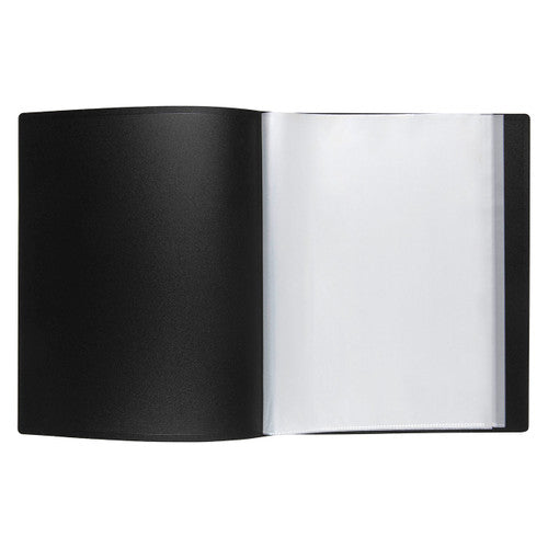 Black Marbig 40 pocket display book open flat on a white background with a stack of clear fixed pockets on the right
