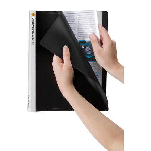 Hands lifting the black cover of a Marbig 40 pocket display book to show a printed page in the first clear pocket
