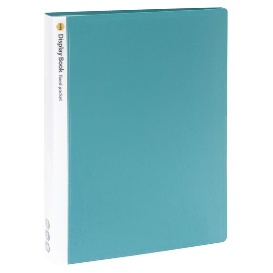 Marbig 2003904 green 40 pocket A4 display book standing at an angle, white spine printed Display Book fixed pocket with A4 and 40 icons