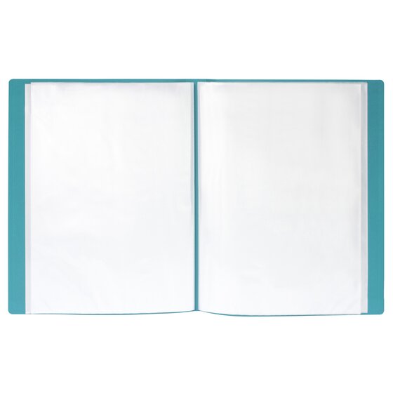 Green Marbig 40 pocket fixed pocket display book open flat with clear pockets on both the left and right hand pages