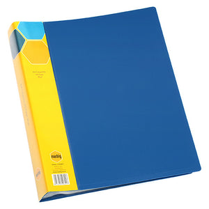 Marbig 1742801 blue A4 fixed pocket display book at an angle with a yellow spine card printed A4 Clearfile 60 Page Blue and a Marbig logo