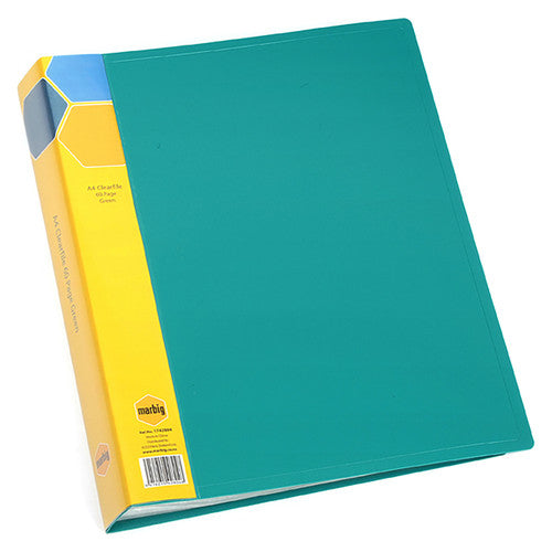 Marbig 1742804 teal green A4 fixed pocket display book at an angle, yellow spine card printed A4 Clearfile 60 Page Green with a Marbig logo