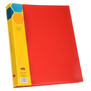 Marbig 1742803 bright red A4 display book at an angle with a yellow spine card printed A4 Clearfile 60 Page Red, Marbig logo and barcode label