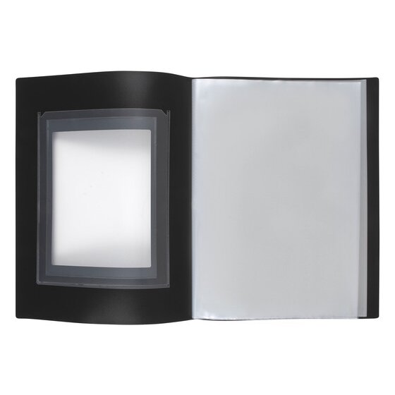 Black Marbig A3 framed cover display book lying open with the window cover on the left and clear pockets on the right