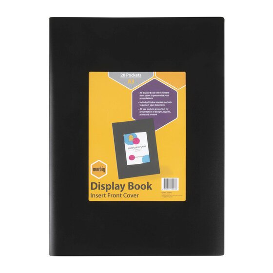 Marbig A3 framed display book with a yellow pack card reading Display Book Insert Front Cover in the cover window