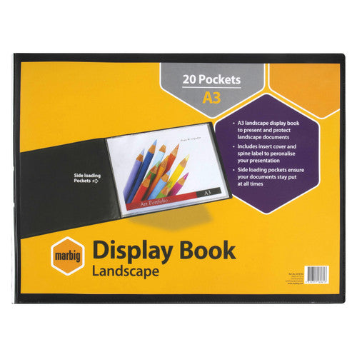 Marbig 2018702 black A3 landscape display book with a yellow pack card reading 20 Pockets A3 Display Book Landscape in the cover