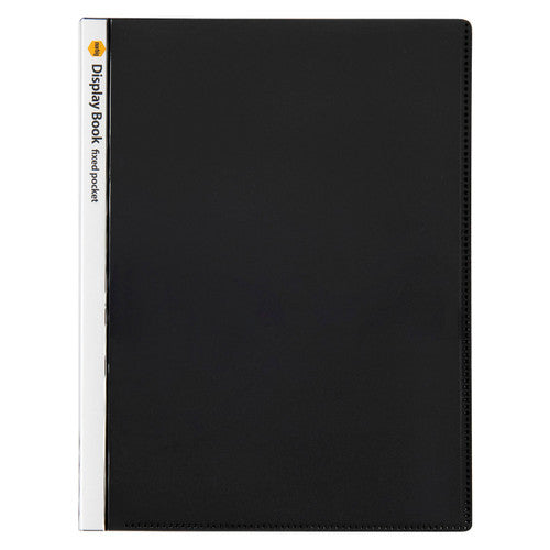 Marbig 2003712 black A4 insert cover display book, closed, with a white spine strip printed Display Book fixed pocket