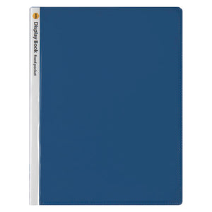Marbig 2003701 blue insert cover display book, closed, white spine strip reading Display Book fixed pocket on the left edge