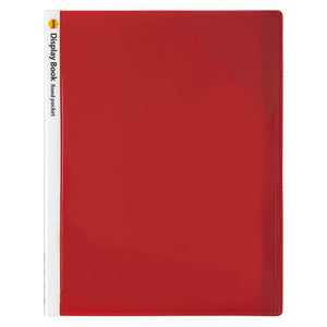 Marbig 2003703 red A4 insert cover display book shown closed with its white Display Book fixed pocket spine strip