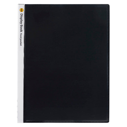 Marbig 2003612 black A4 non refillable display book, closed, with a white spine insert reading Display Book fixed pocket
