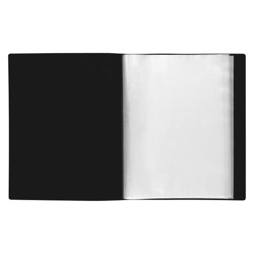 Marbig black 40 pocket fixed pocket display book lying open to show the clear polypropylene pockets inside